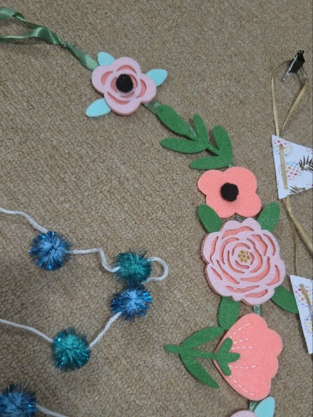 Floral Gelt Garland And Teal Pom Pom Garland, Summer Garland Bundle